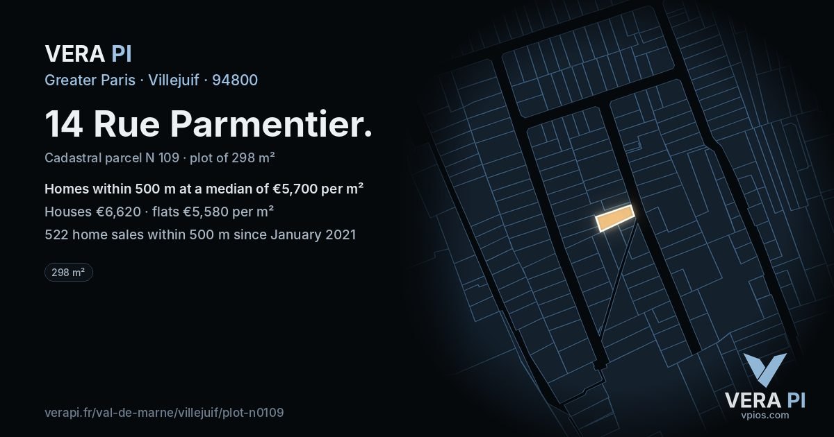 14 Rue Parmentier, Villejuif at night – the plot lit, the parcels around coloured by the prices near them
