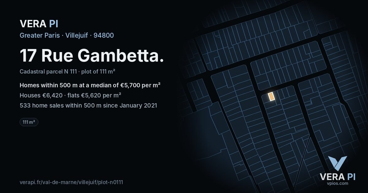 17 Rue Gambetta, Villejuif at night – the plot lit, the parcels around coloured by the prices near them