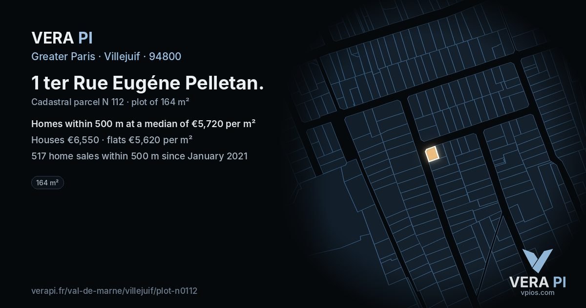1 ter Rue Eugéne Pelletan, Villejuif at night – the plot lit, the parcels around coloured by the prices near them