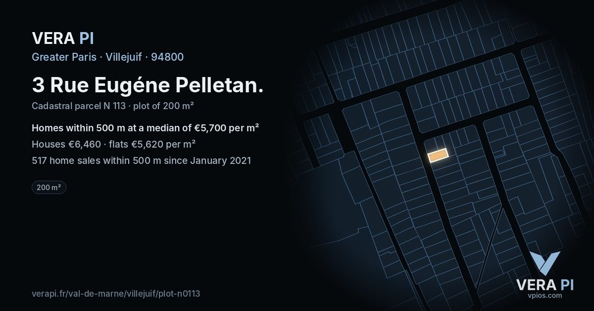 3 Rue Eugéne Pelletan, Villejuif at night – the plot lit, the parcels around coloured by the prices near them