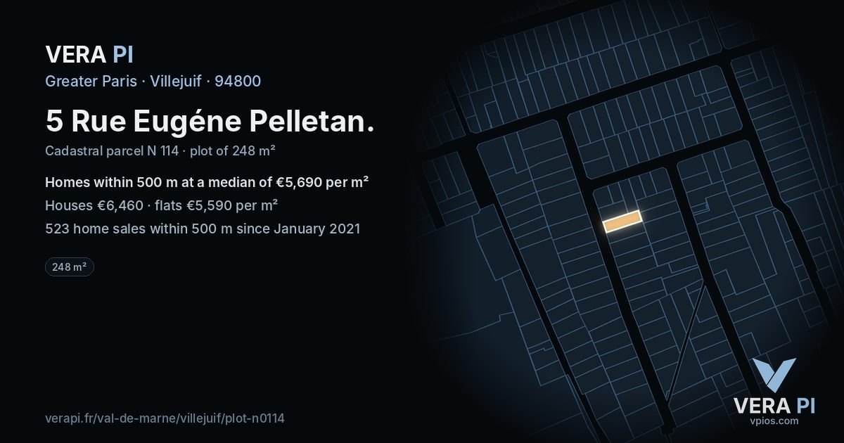 5 Rue Eugéne Pelletan, Villejuif at night – the plot lit, the parcels around coloured by the prices near them