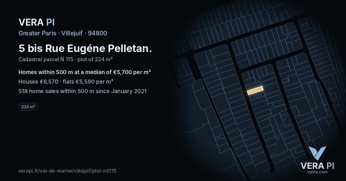 5 bis Rue Eugéne Pelletan, Villejuif at night – the plot lit, the parcels around coloured by the prices near them
