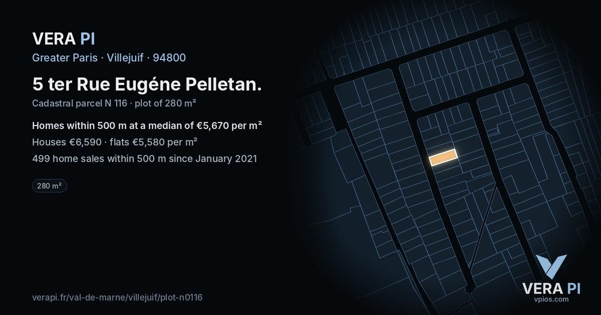 5 ter Rue Eugéne Pelletan, Villejuif at night – the plot lit, the parcels around coloured by the prices near them