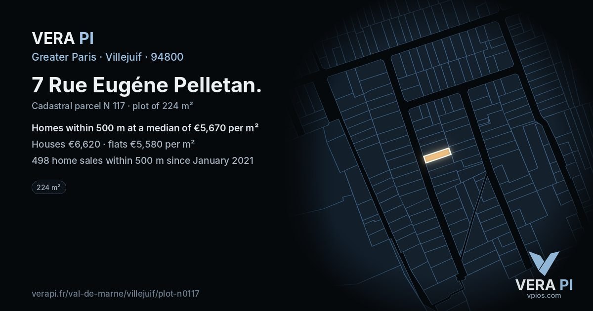 7 Rue Eugéne Pelletan, Villejuif at night – the plot lit, the parcels around coloured by the prices near them