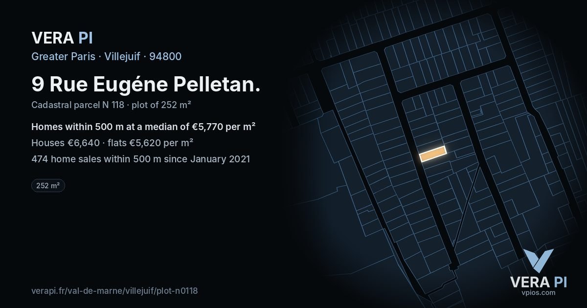 9 Rue Eugéne Pelletan, Villejuif at night – the plot lit, the parcels around coloured by the prices near them