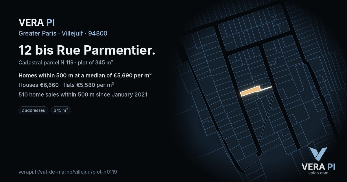 12 bis Rue Parmentier, Villejuif at night – the plot lit, the parcels around coloured by the prices near them