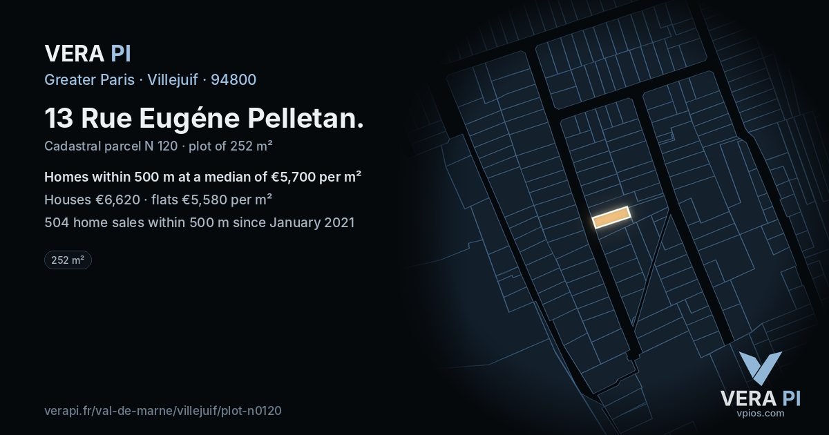 13 Rue Eugéne Pelletan, Villejuif at night – the plot lit, the parcels around coloured by the prices near them