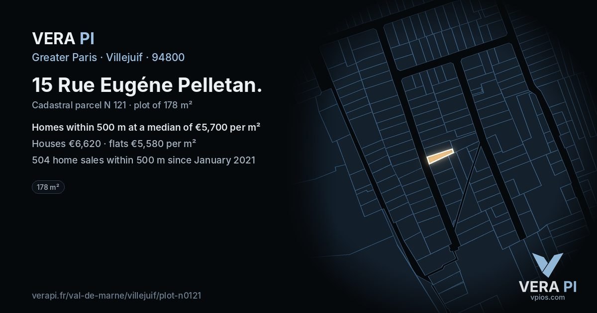 15 Rue Eugéne Pelletan, Villejuif at night – the plot lit, the parcels around coloured by the prices near them