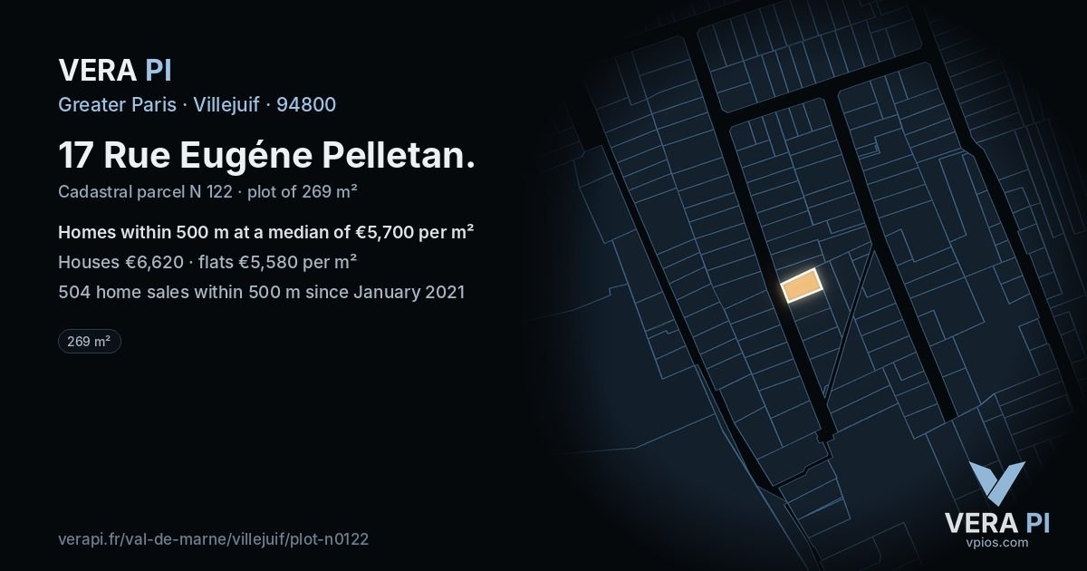 17 Rue Eugéne Pelletan, Villejuif at night – the plot lit, the parcels around coloured by the prices near them