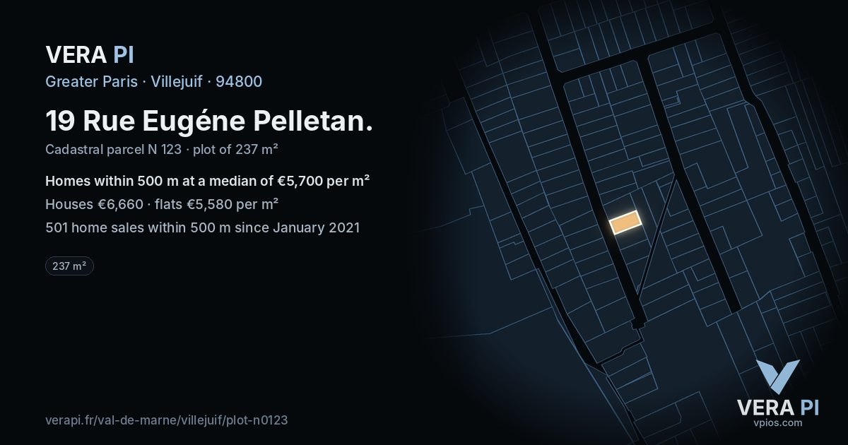 19 Rue Eugéne Pelletan, Villejuif at night – the plot lit, the parcels around coloured by the prices near them