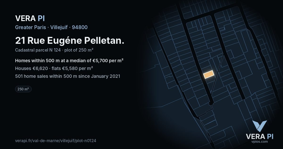 21 Rue Eugéne Pelletan, Villejuif at night – the plot lit, the parcels around coloured by the prices near them