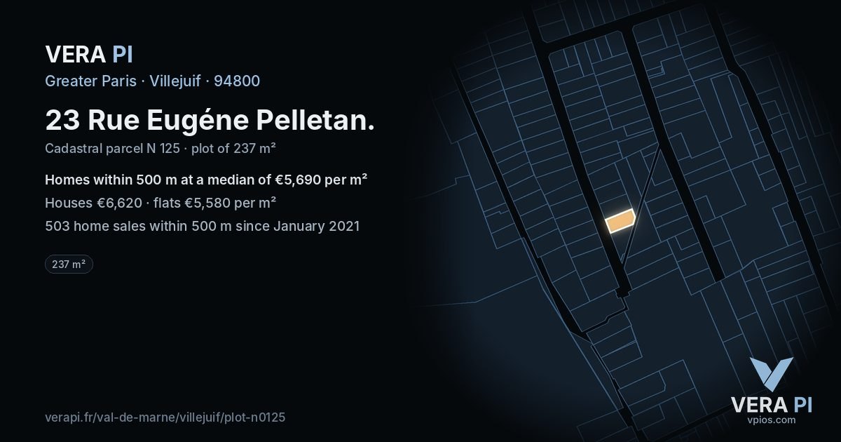 23 Rue Eugéne Pelletan, Villejuif at night – the plot lit, the parcels around coloured by the prices near them