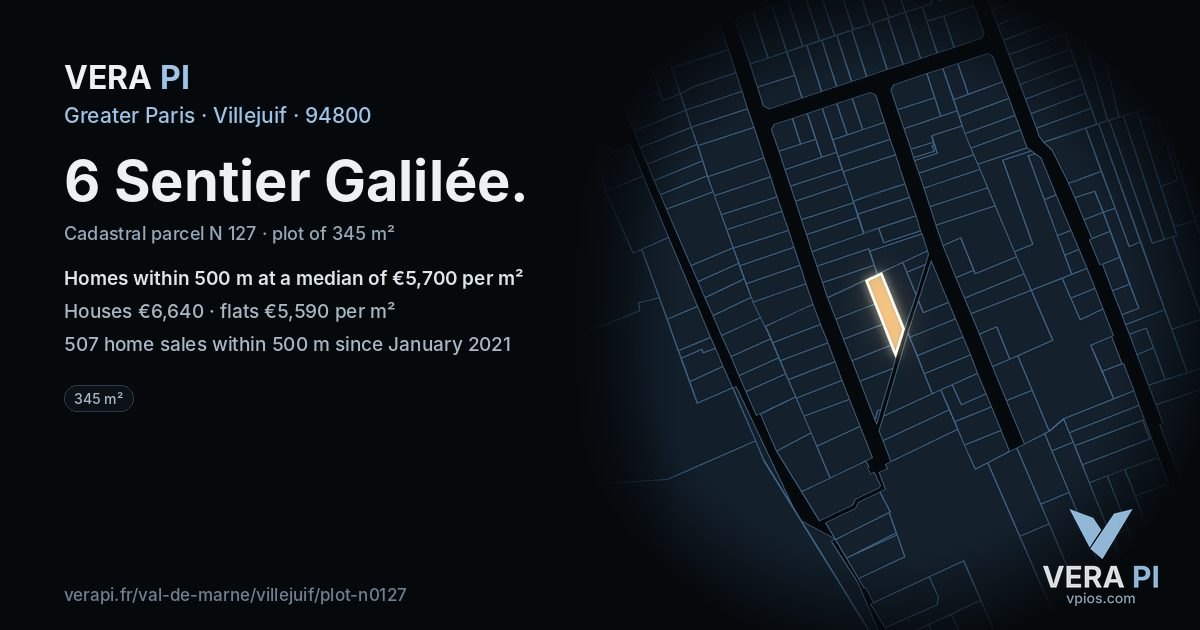 6 Sentier Galilée, Villejuif at night – the plot lit, the parcels around coloured by the prices near them