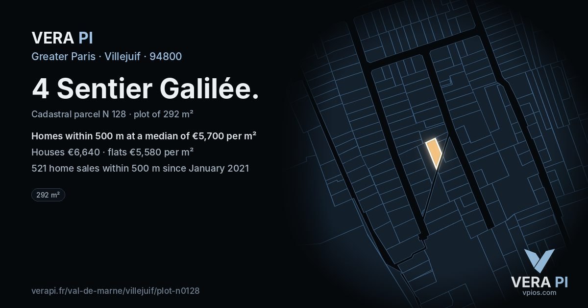 4 Sentier Galilée, Villejuif at night – the plot lit, the parcels around coloured by the prices near them