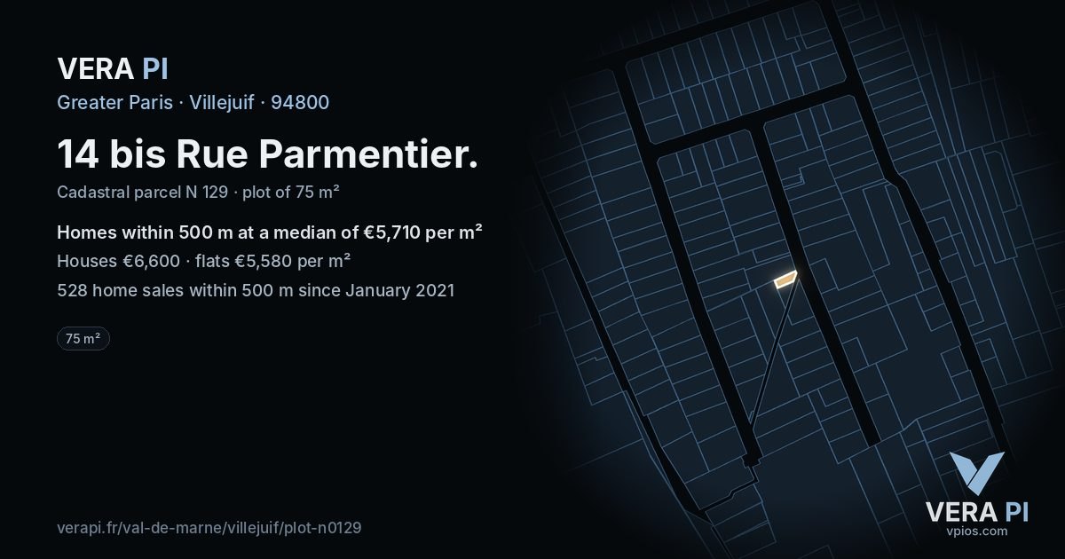 14 bis Rue Parmentier, Villejuif at night – the plot lit, the parcels around coloured by the prices near them