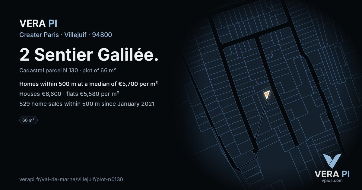 2 Sentier Galilée, Villejuif at night – the plot lit, the parcels around coloured by the prices near them