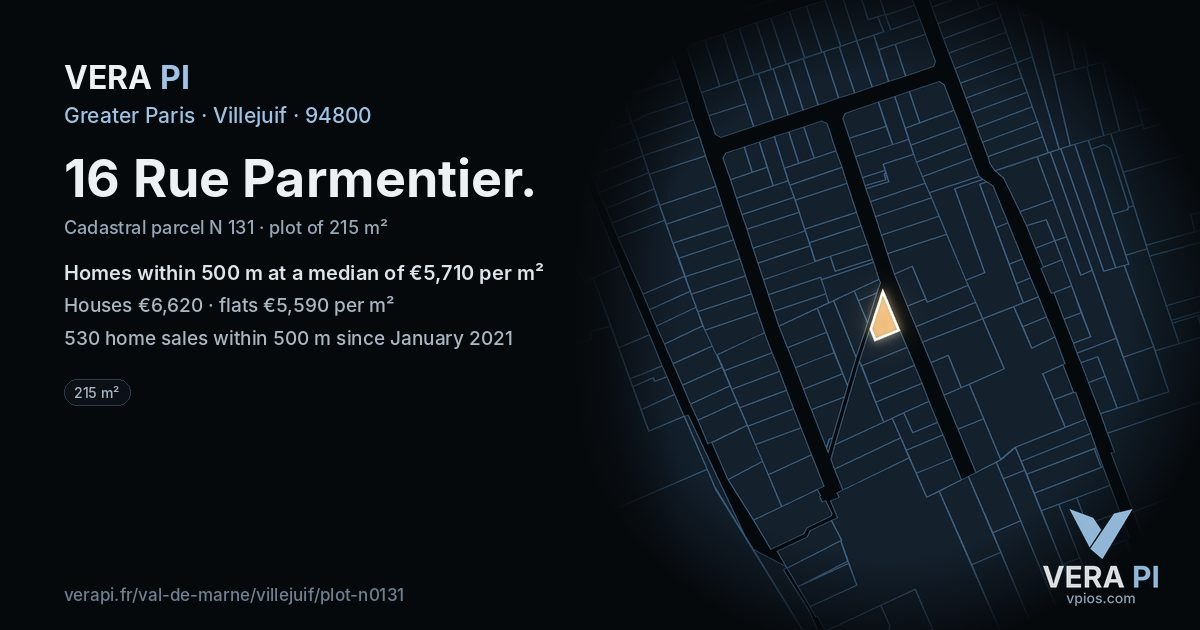 16 Rue Parmentier, Villejuif at night – the plot lit, the parcels around coloured by the prices near them
