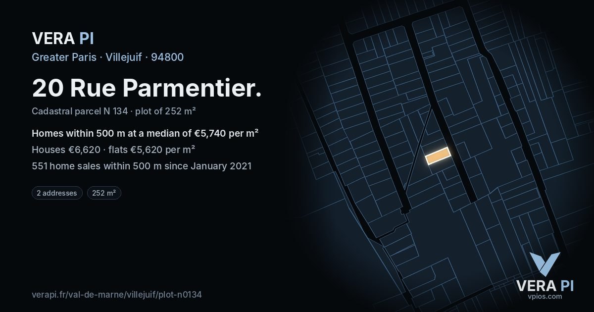 20 Rue Parmentier, Villejuif at night – the plot lit, the parcels around coloured by the prices near them