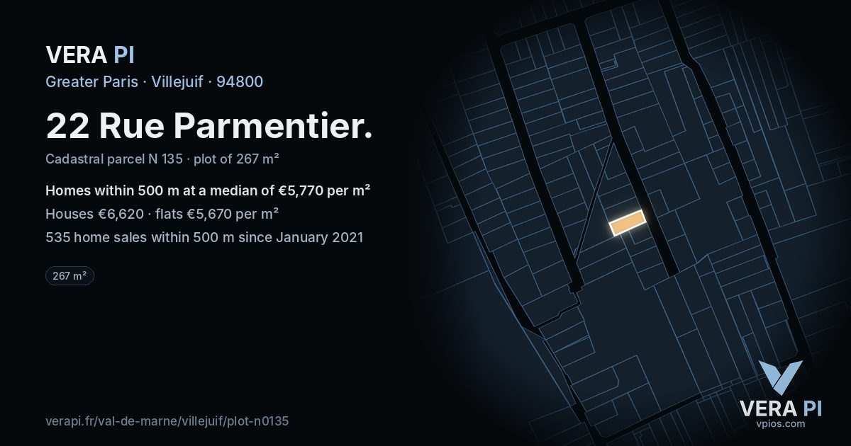 22 Rue Parmentier, Villejuif at night – the plot lit, the parcels around coloured by the prices near them