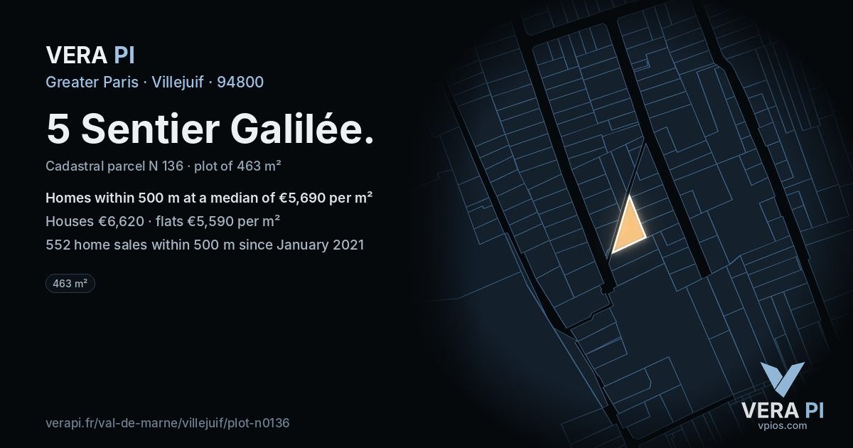 5 Sentier Galilée, Villejuif at night – the plot lit, the parcels around coloured by the prices near them