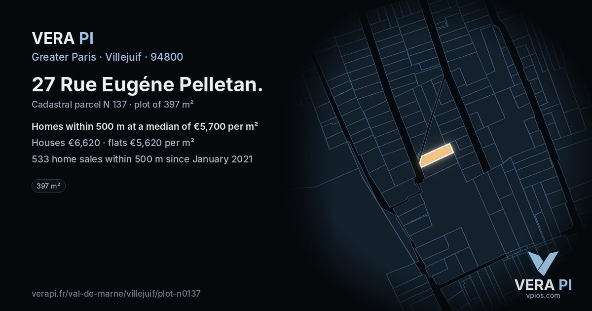 27 Rue Eugéne Pelletan, Villejuif at night – the plot lit, the parcels around coloured by the prices near them