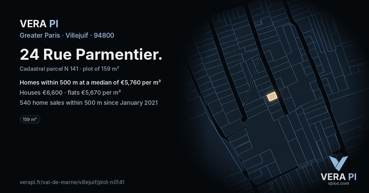 24 Rue Parmentier, Villejuif at night – the plot lit, the parcels around coloured by the prices near them