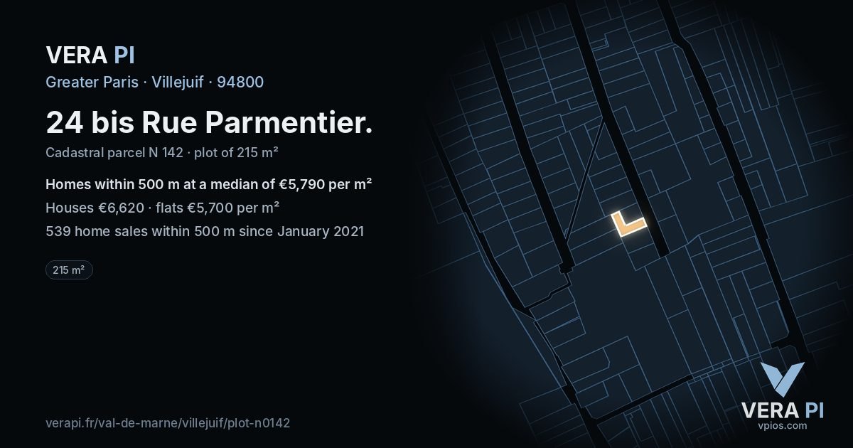 24 bis Rue Parmentier, Villejuif at night – the plot lit, the parcels around coloured by the prices near them
