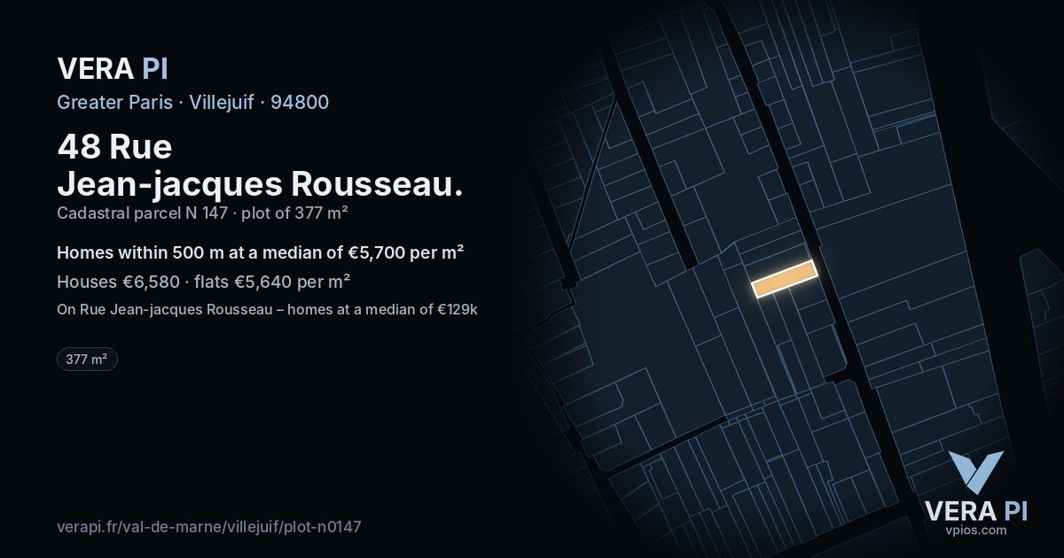 48 Rue Jean-jacques Rousseau, Villejuif at night – the plot lit, the parcels around coloured by the prices near them