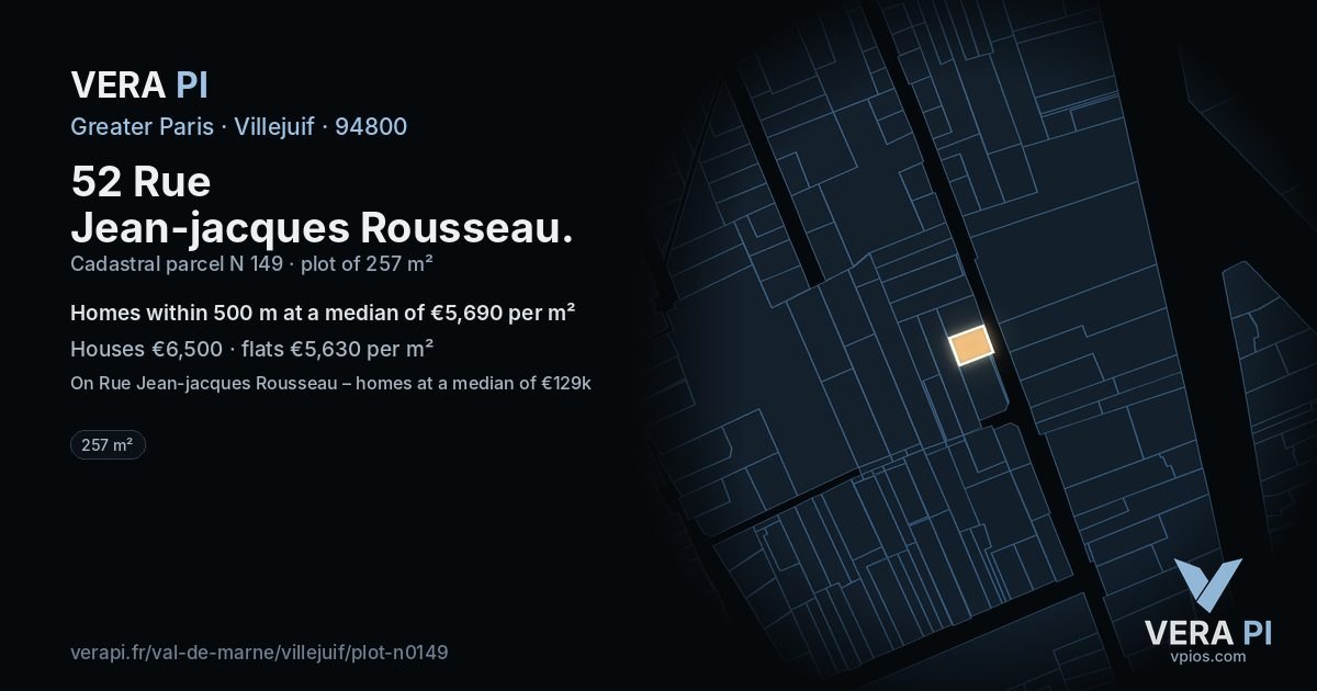 52 Rue Jean-jacques Rousseau, Villejuif at night – the plot lit, the parcels around coloured by the prices near them