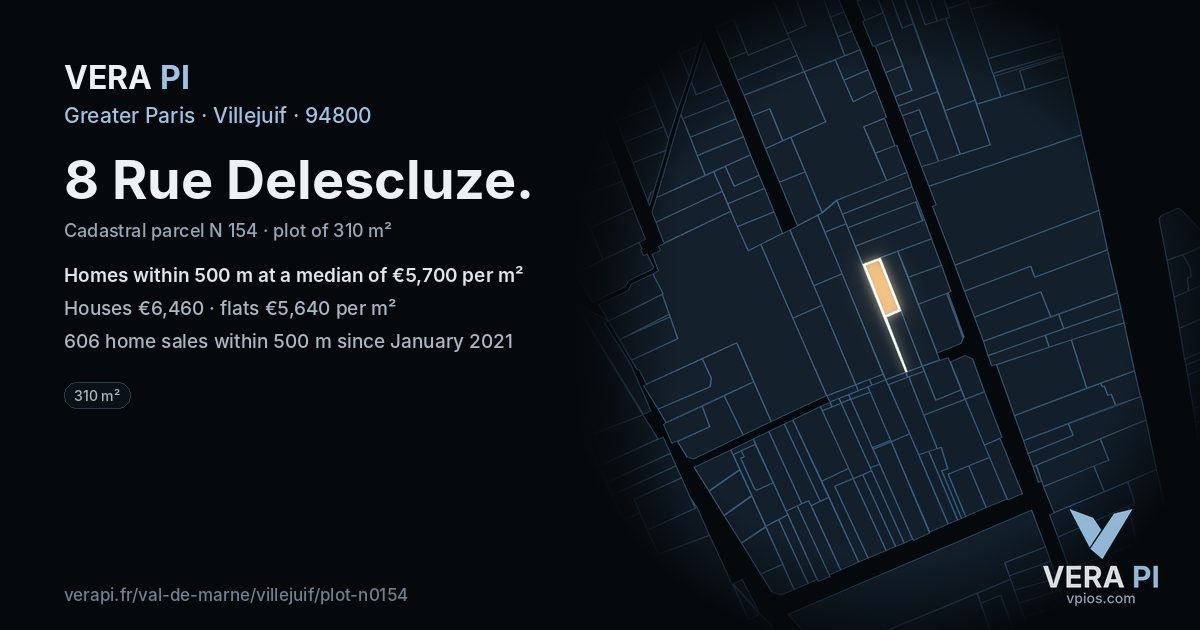 8 Rue Delescluze, Villejuif at night – the plot lit, the parcels around coloured by the prices near them
