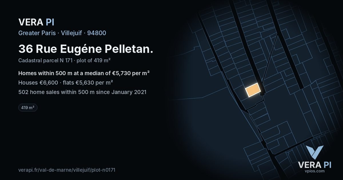 36 Rue Eugéne Pelletan, Villejuif at night – the plot lit, the parcels around coloured by the prices near them