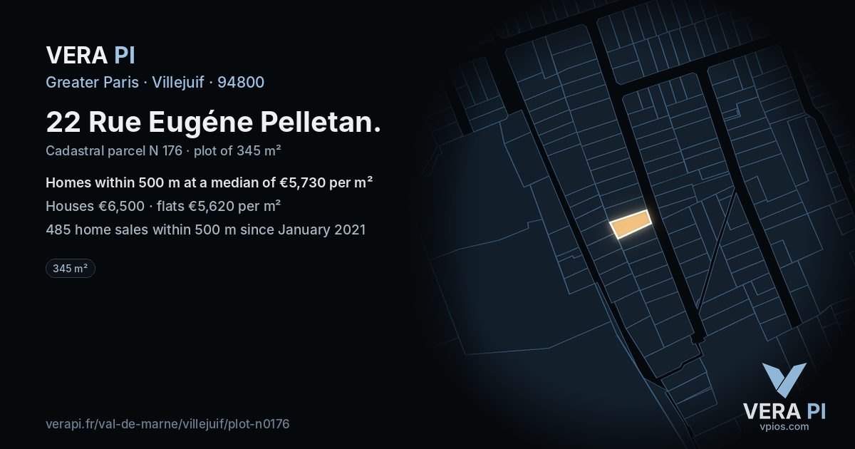 22 Rue Eugéne Pelletan, Villejuif at night – the plot lit, the parcels around coloured by the prices near them