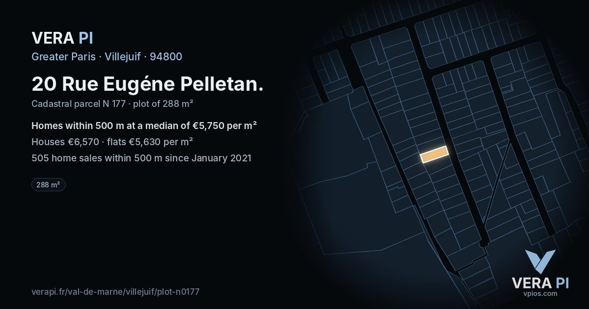 20 Rue Eugéne Pelletan, Villejuif at night – the plot lit, the parcels around coloured by the prices near them