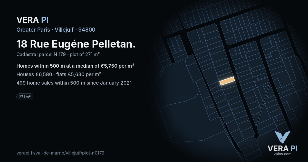 18 Rue Eugéne Pelletan, Villejuif at night – the plot lit, the parcels around coloured by the prices near them