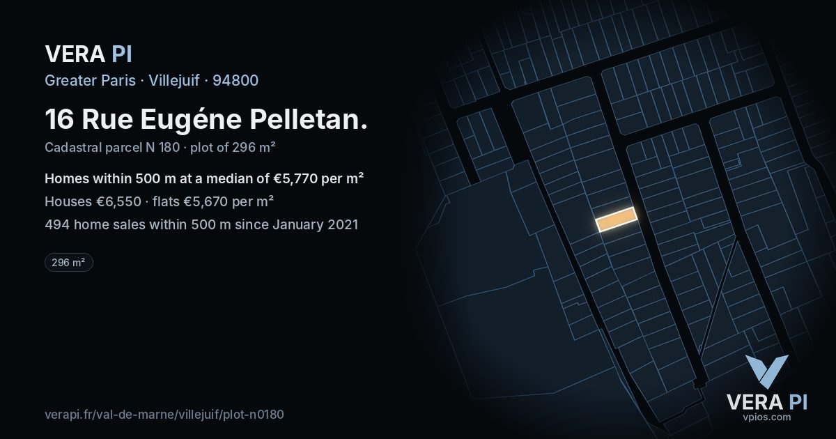 16 Rue Eugéne Pelletan, Villejuif at night – the plot lit, the parcels around coloured by the prices near them