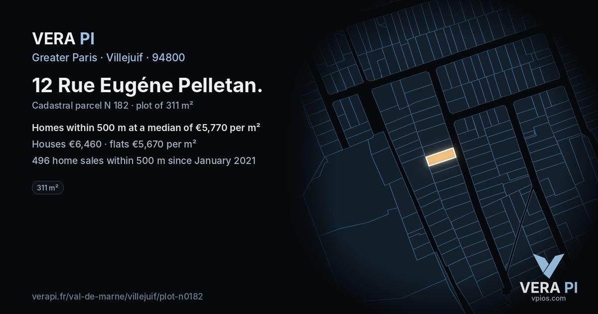 12 Rue Eugéne Pelletan, Villejuif at night – the plot lit, the parcels around coloured by the prices near them