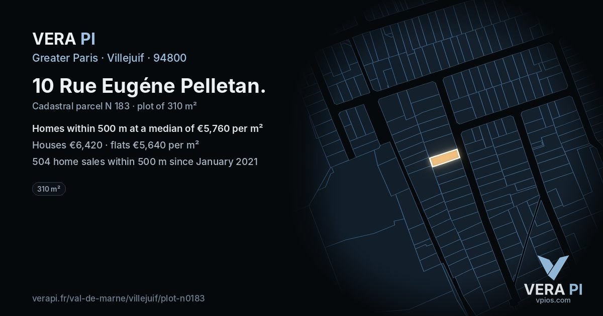 10 Rue Eugéne Pelletan, Villejuif at night – the plot lit, the parcels around coloured by the prices near them