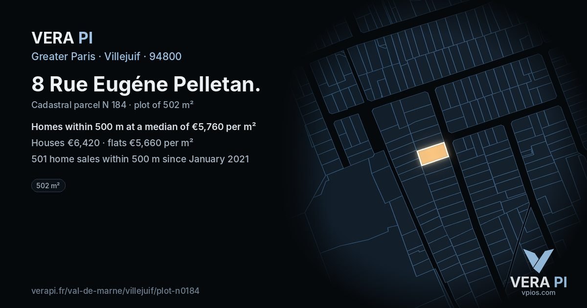 8 Rue Eugéne Pelletan, Villejuif at night – the plot lit, the parcels around coloured by the prices near them
