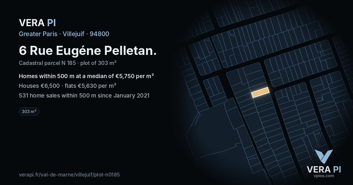 6 Rue Eugéne Pelletan, Villejuif at night – the plot lit, the parcels around coloured by the prices near them