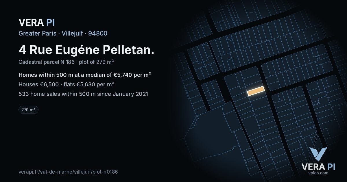 4 Rue Eugéne Pelletan, Villejuif at night – the plot lit, the parcels around coloured by the prices near them