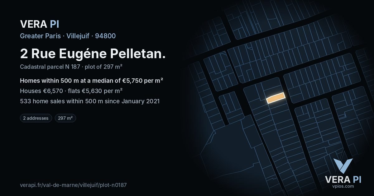 2 Rue Eugéne Pelletan, Villejuif at night – the plot lit, the parcels around coloured by the prices near them