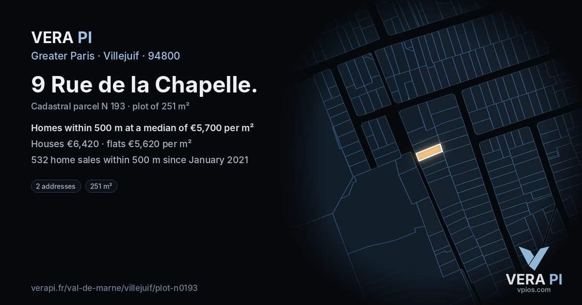 9 Rue de la Chapelle, Villejuif at night – the plot lit, the parcels around coloured by the prices near them