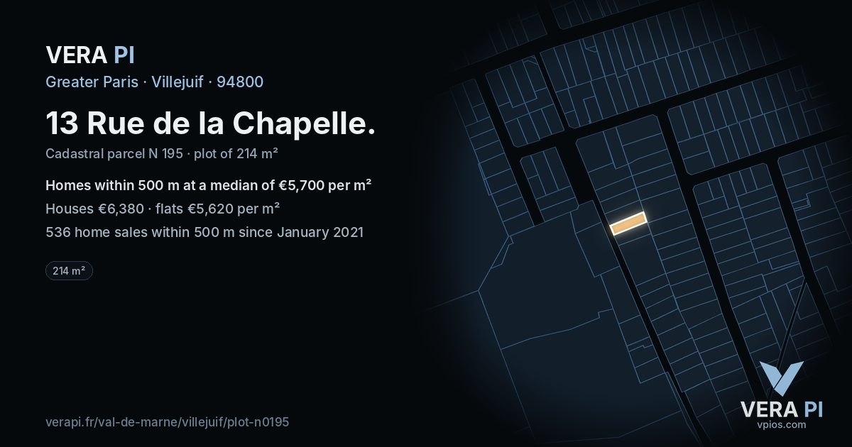 13 Rue de la Chapelle, Villejuif at night – the plot lit, the parcels around coloured by the prices near them