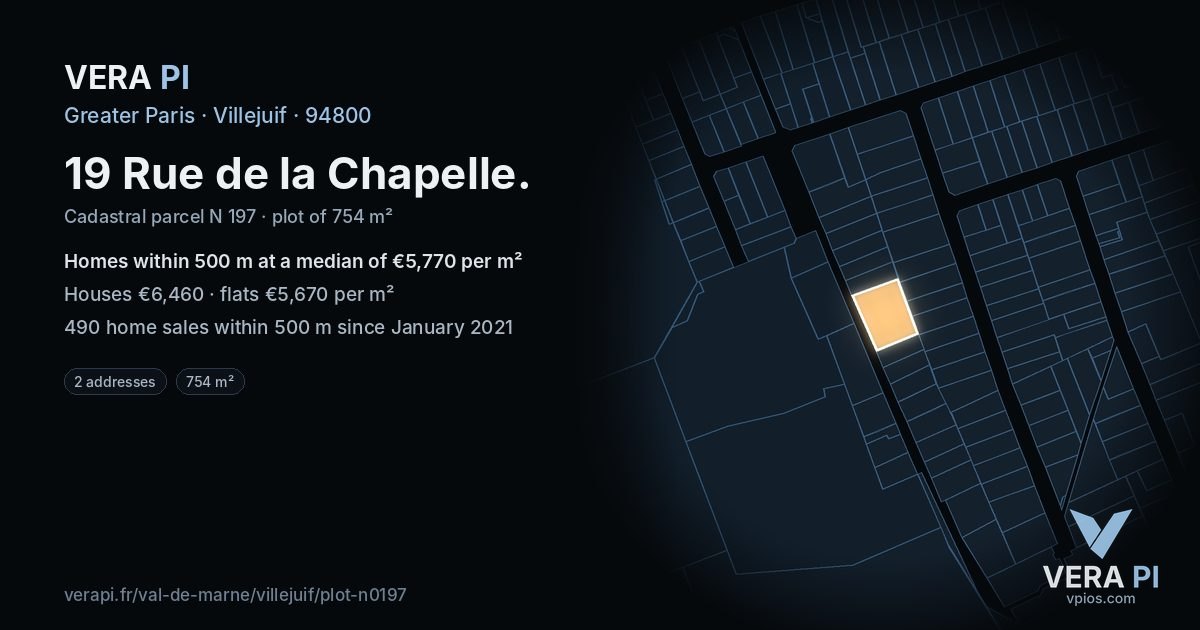 19 Rue de la Chapelle, Villejuif at night – the plot lit, the parcels around coloured by the prices near them
