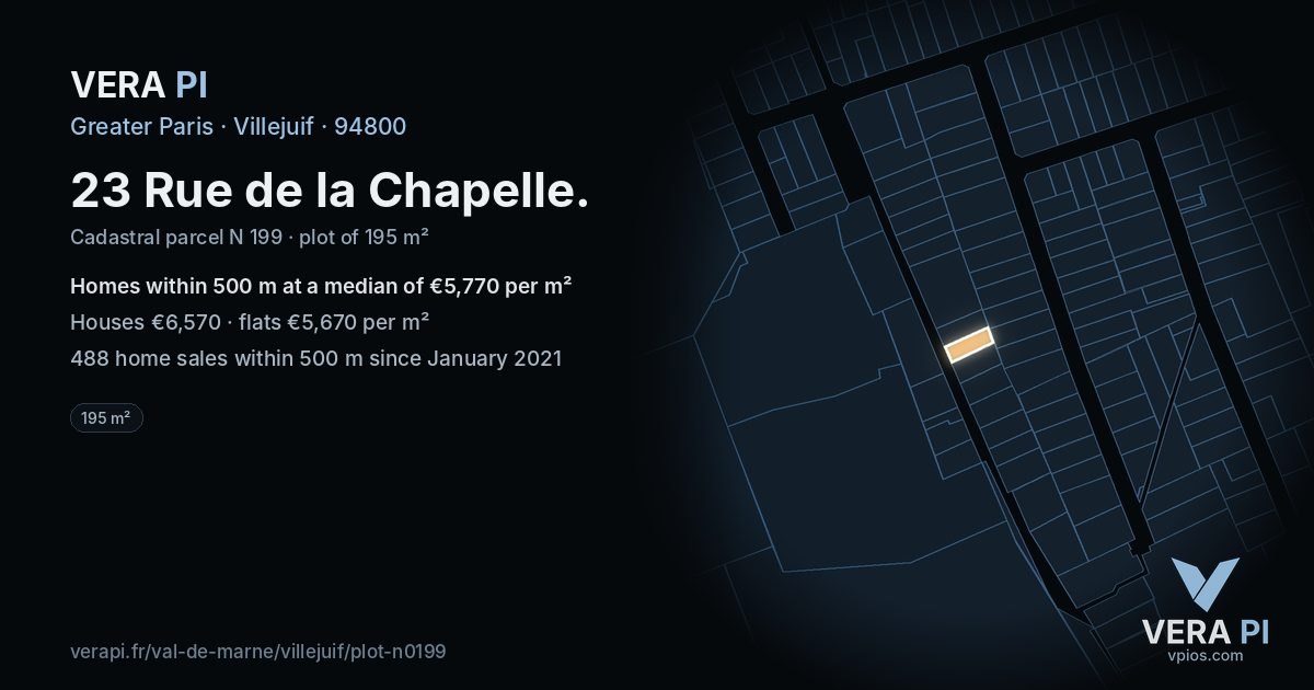 23 Rue de la Chapelle, Villejuif at night – the plot lit, the parcels around coloured by the prices near them