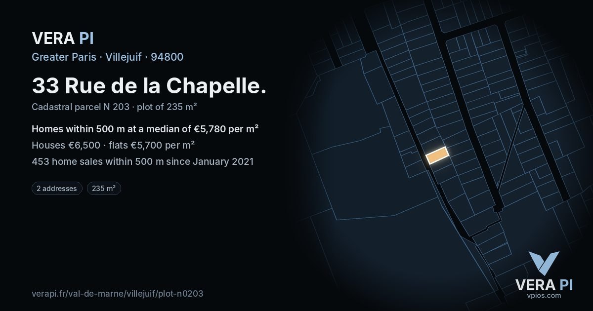 33 Rue de la Chapelle, Villejuif at night – the plot lit, the parcels around coloured by the prices near them