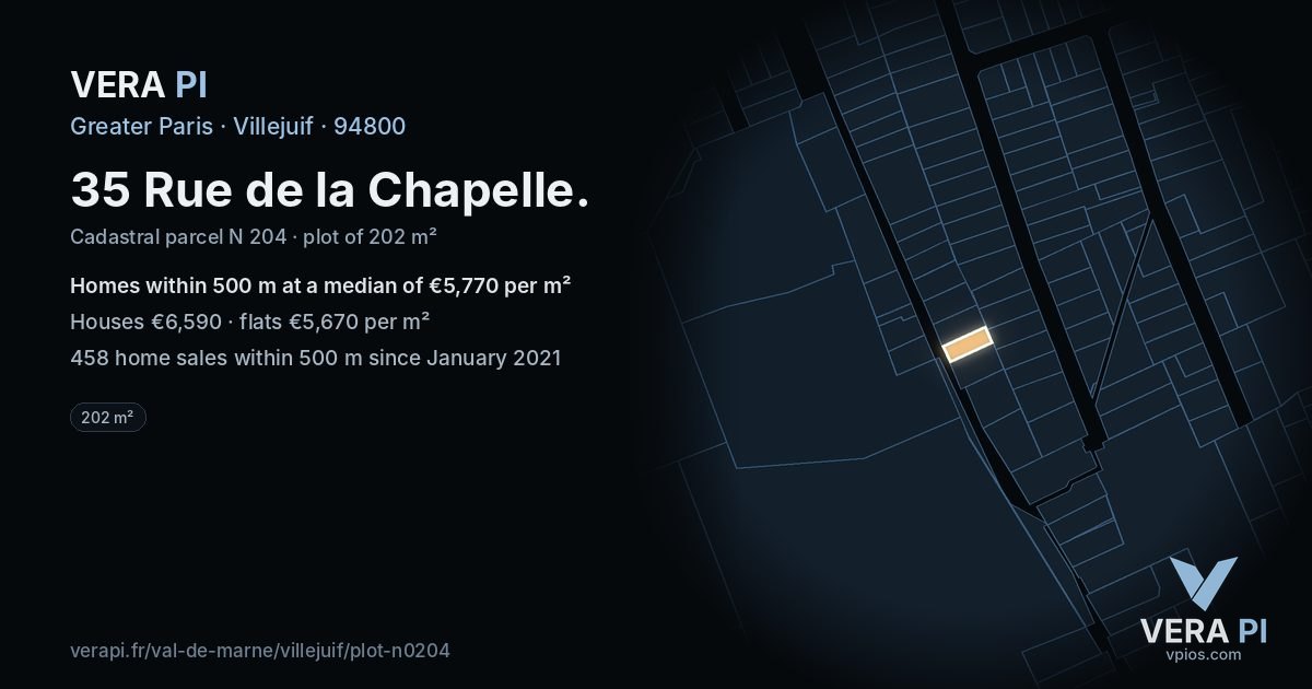 35 Rue de la Chapelle, Villejuif at night – the plot lit, the parcels around coloured by the prices near them