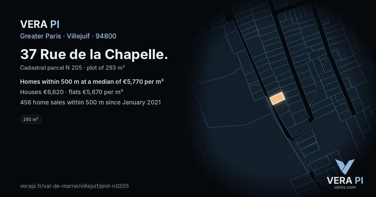 37 Rue de la Chapelle, Villejuif at night – the plot lit, the parcels around coloured by the prices near them