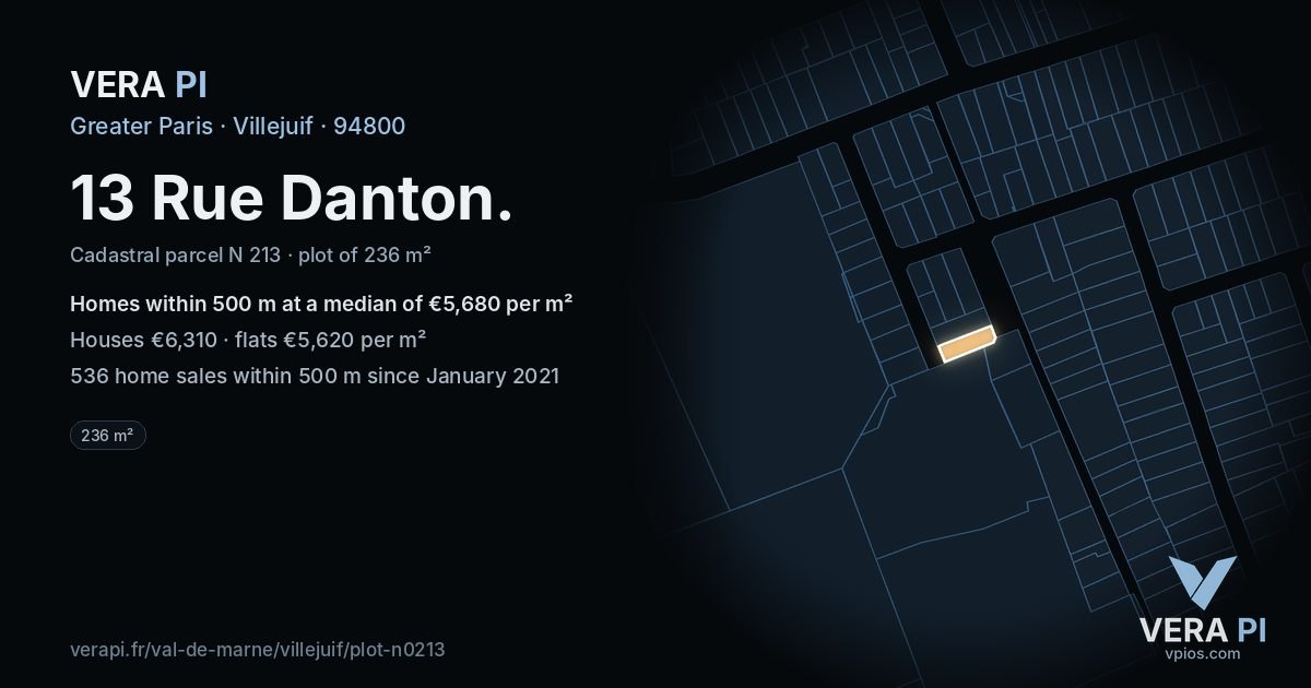 13 Rue Danton, Villejuif at night – the plot lit, the parcels around coloured by the prices near them