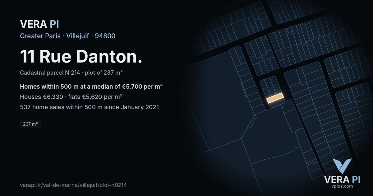11 Rue Danton, Villejuif at night – the plot lit, the parcels around coloured by the prices near them